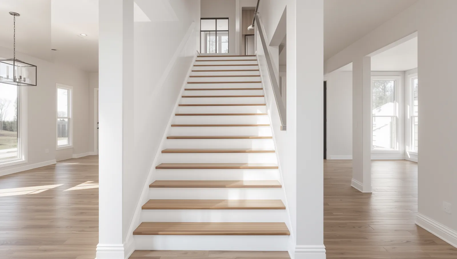 Straight-run staircase with white oak treads, white painted risers and stringers, rising from a bright open foyer.
