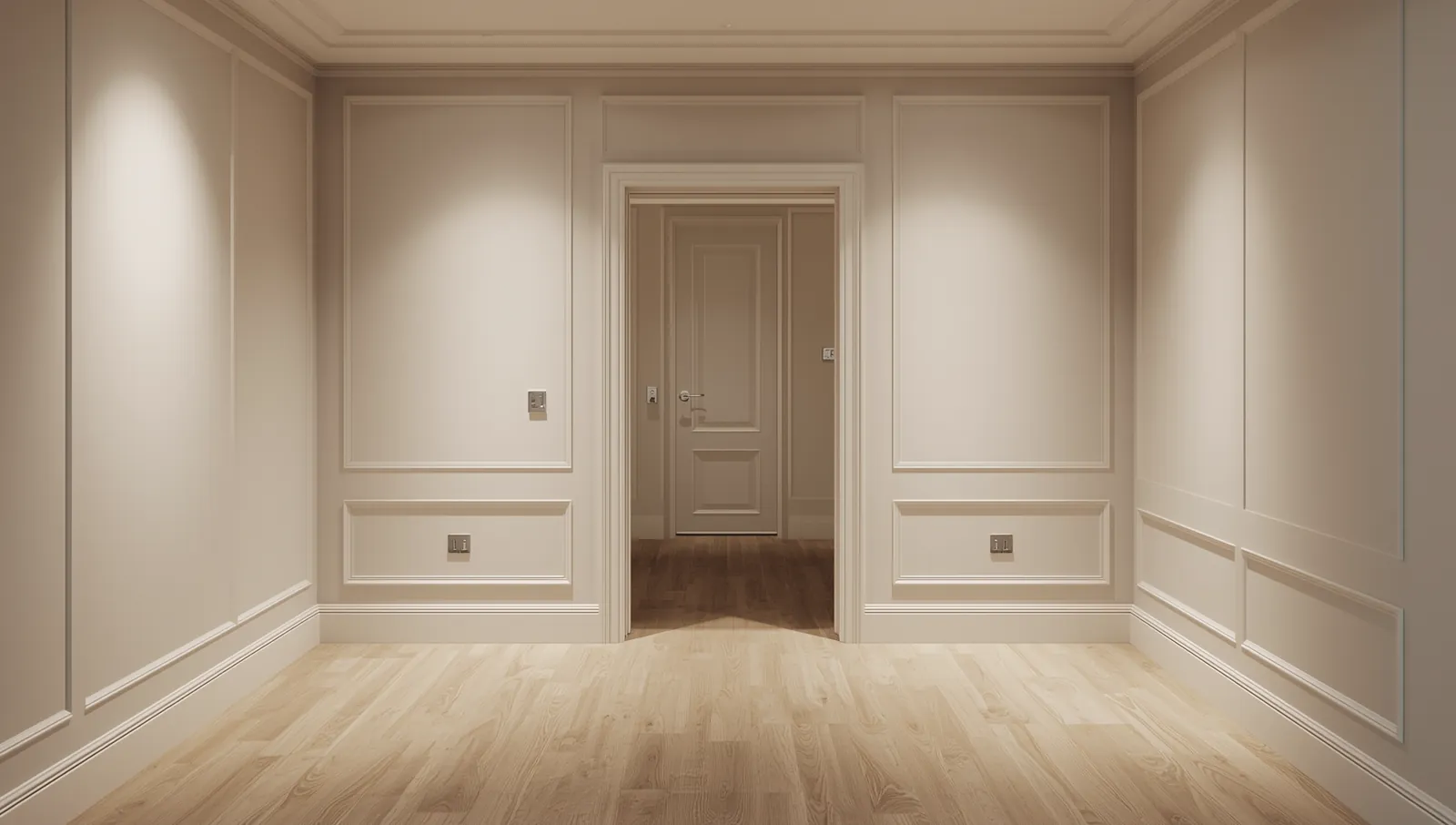 Room lined in tall recessed wall panels with a chair-rail band, crown molding and a panelled door in the far opening.