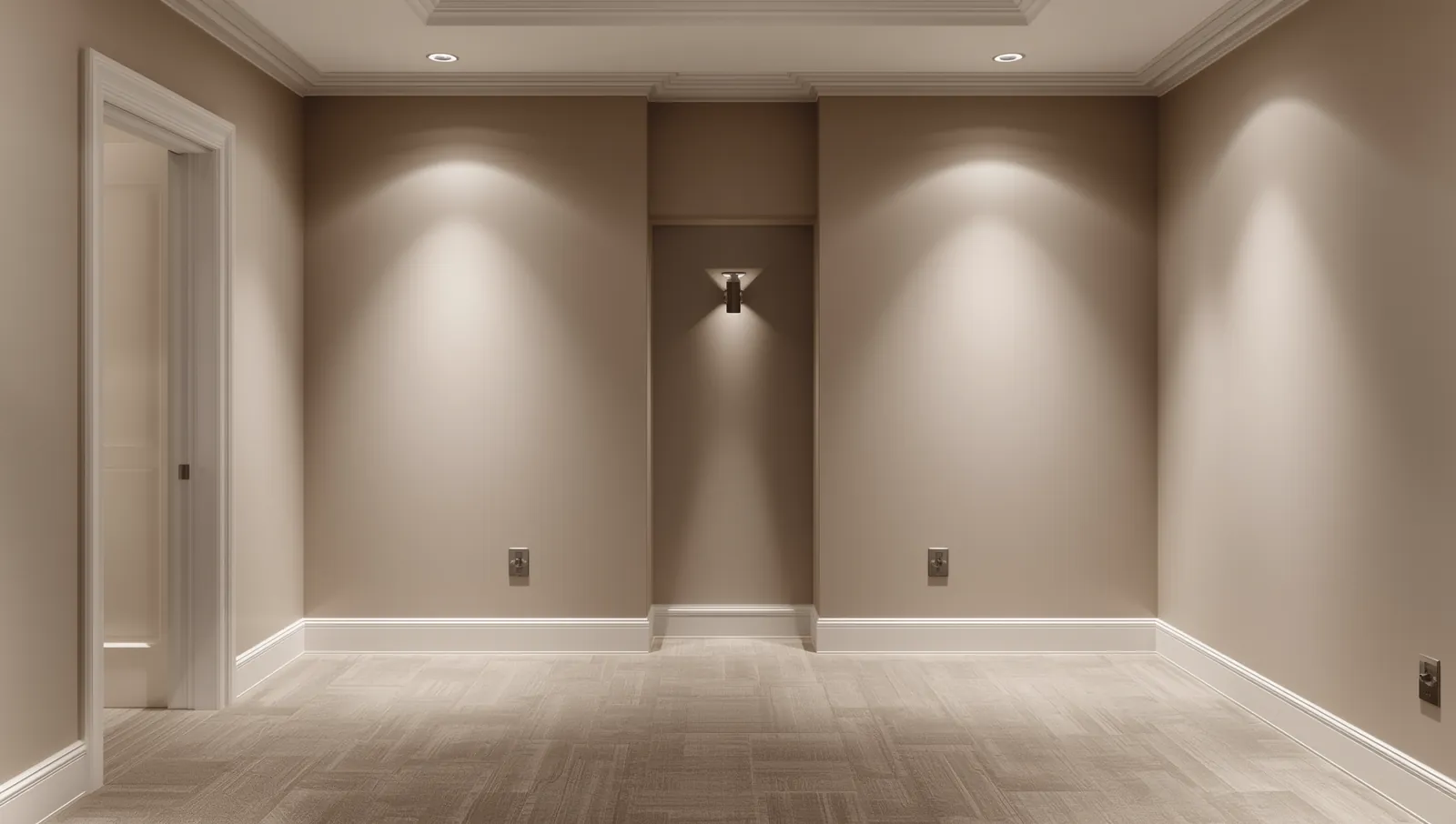 Room with stepped crown molding, a recessed wall niche lit by a matte black sconce, and tall white baseboards.