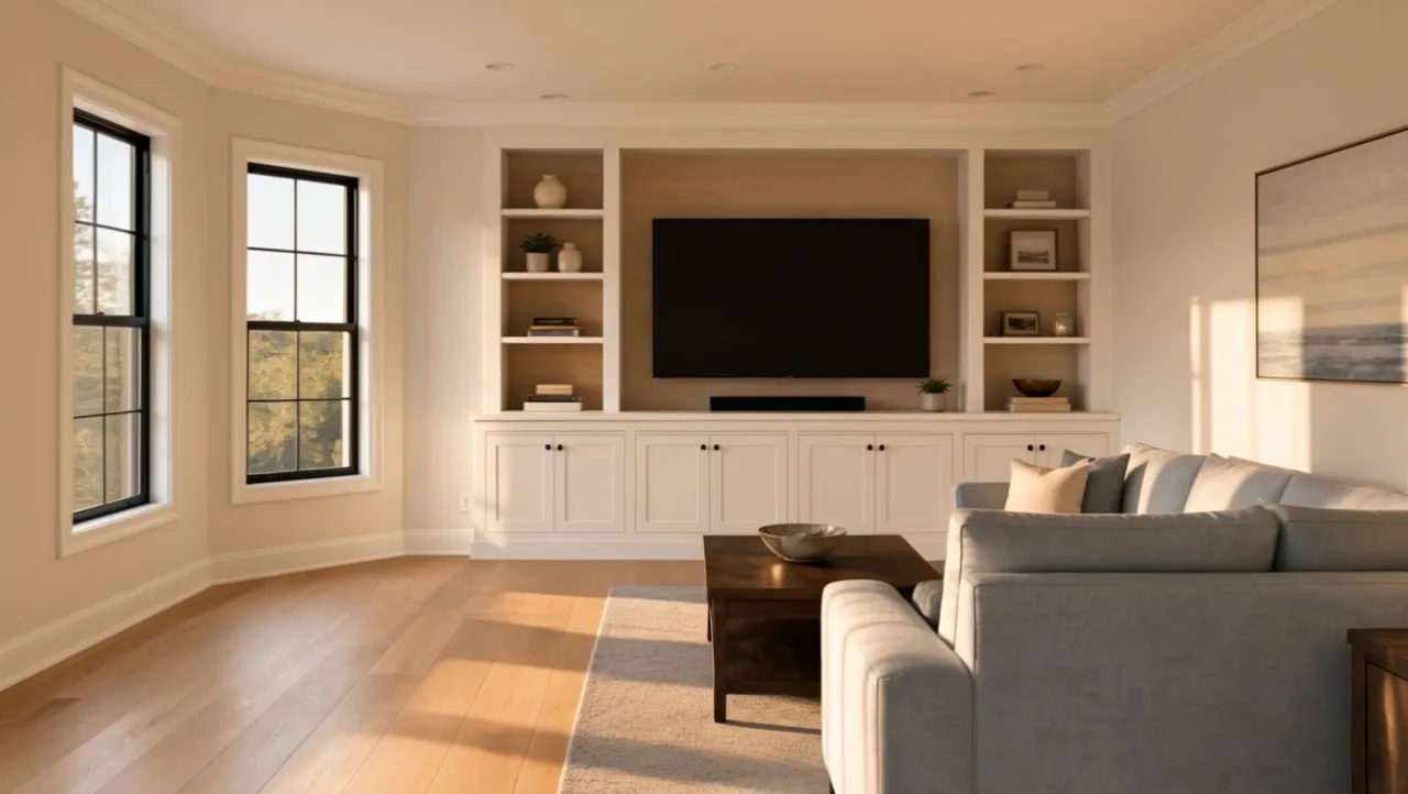 Slow camera move through a golden-hour living room toward a full-wall built-in with painted cabinets and open shelving.