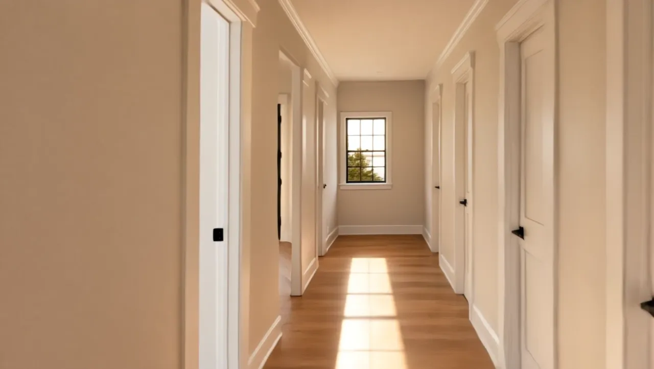 Camera drifting through an upstairs hallway toward a window bay looking out over water at sunset.