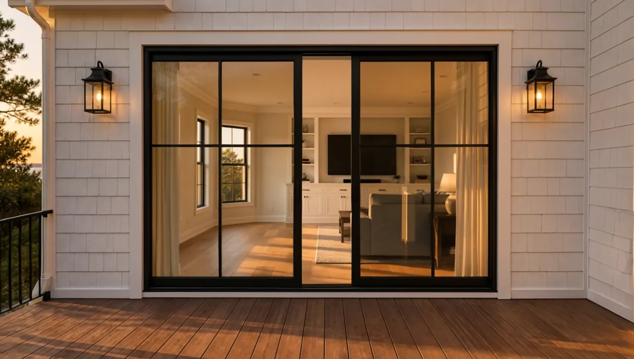 Camera moving in through wide glass doors into a living room framed by crown molding and tall white casings.