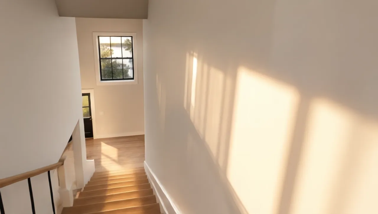 Camera rising past a finished staircase into an upstairs hallway of panelled doors and painted casings.