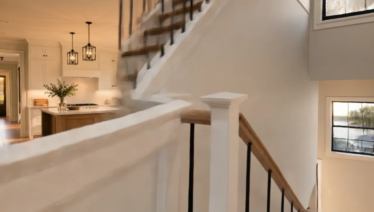 Camera travelling out of a kitchen and turning to look down a finished staircase with oak treads and dark balusters.