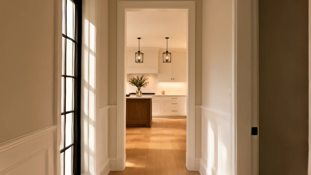 Camera moving down a panelled hallway and into a golden-hour kitchen with a large timber island beneath pendant lights.