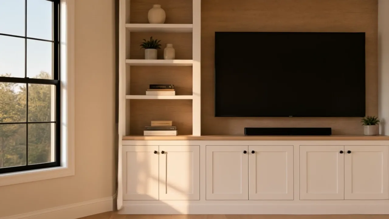 Camera gliding out of a living room into a hallway lined with recessed wall panels and a continuous chair rail.